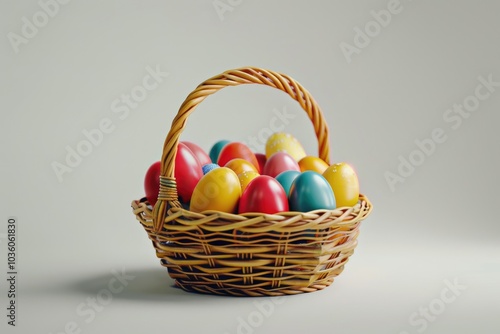 Easter basket filled with colorful eggs on a white background