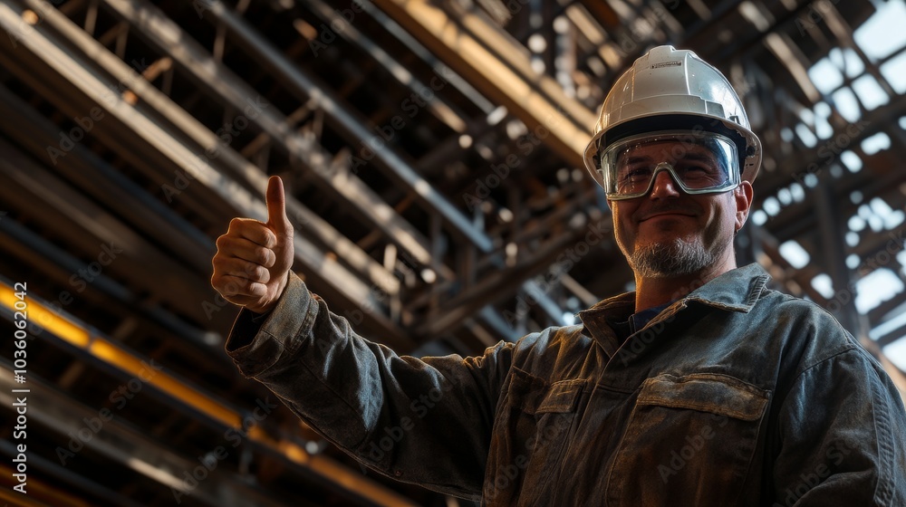 A detailed close-up of a welding inspector in a hard hat and safety goggles, giving a thumbs-up with a large, complex structure of welded beams behind A detailed close-up of a welding inspector in a hard hat and safety goggles, giving a thumbs-up with a large, complex structure of welded beams behind