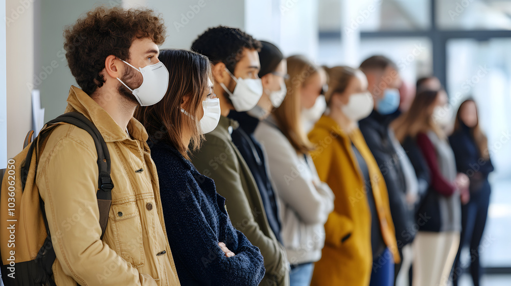 Diverse group of voters wearing masks waiting in line to cast ballots during US elections