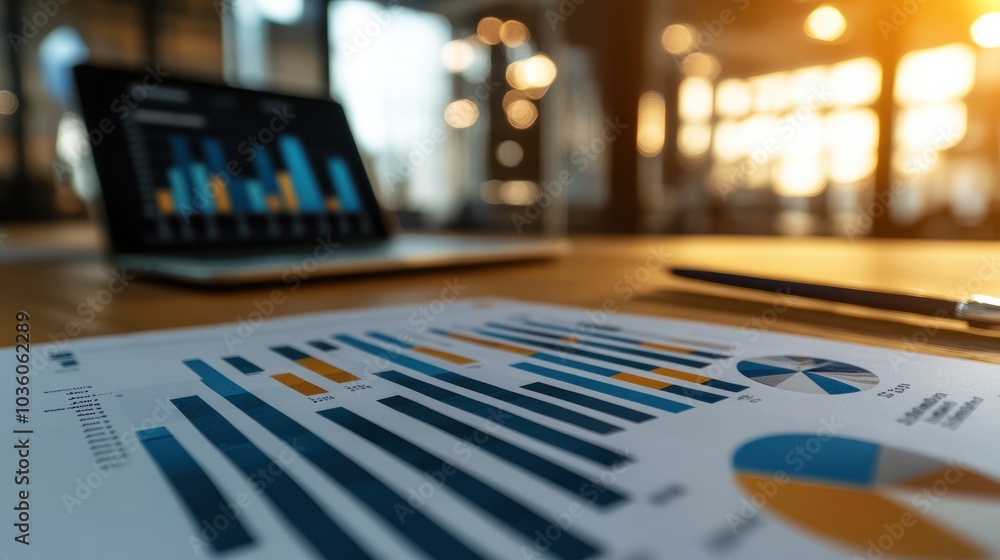 Detailed financial report featuring graphs and charts analyzed on a wooden desk with a laptop and stationery. Detailed financial report featuring graphs and charts analyzed on a wooden desk with a laptop and stationery.