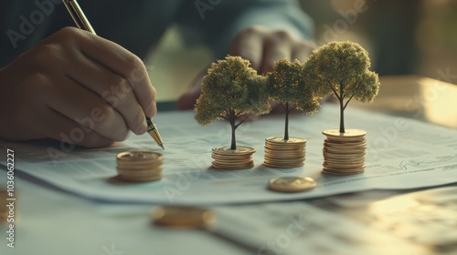 Depicts a close-up of a business setting where a person is writing on documents with charts and graphs. Small model trees and stacks of coins are placed on the papers symbolizing growth and investmen photo