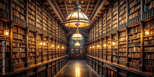 Wallpaper Mural Illuminated Library Corridor A Glimpse into the Past, Bookshelves, Interior, Knowledge, Literature Torontodigital.ca