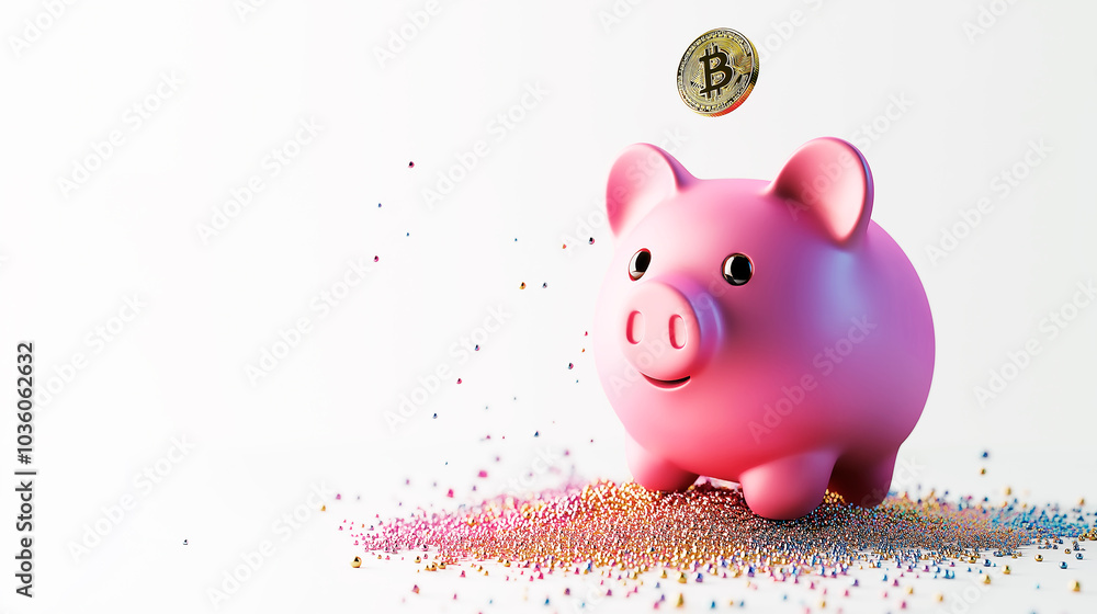 Pink piggy bank with gold coins on a table Pink piggy bank with gold coins on a table
