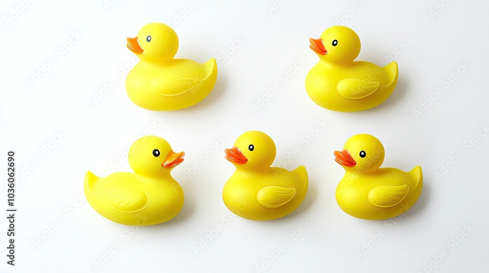 Five Cheerful Yellow Rubber Ducks Arranged on a Smooth Surface Generative AI Five Cheerful Yellow Rubber Ducks Arranged on a Smooth Surface Generative AI