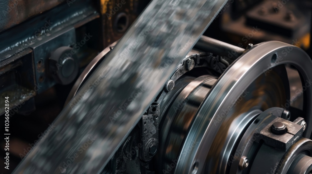 Fototapeta premium A detailed look at a conveyor belt's drive motor and pulley, with textures of metal and rubber, Manufacturing setting with precise components