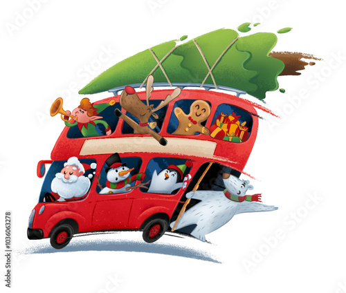 red bus english london with christmas characters cartoon santa claus bear elf penguin biscuit