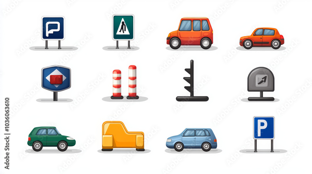 A collection of parking symbols, including a car parking icon. These signs are meant to be used for parking and traffic regulations and are shown against a white background. A collection of parking symbols, including a car parking icon. These signs are meant to be used for parking and traffic regulations and are shown against a white background.