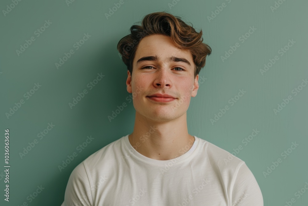 Relaxed Young Man Against Pastel Green Background for Calm and Content Design Relaxed Young Man Against Pastel Green Background for Calm and Content Design