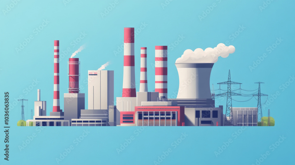 Obraz premium A collection of power plants that create electricity. These factories are part of heavy industry and are shown in a simple, colorful illustration.