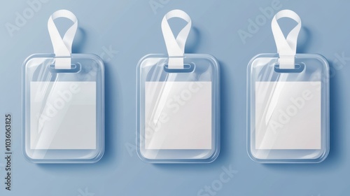 Clear plastic ID badges on a soft blue background awaiting customization with names and details for an event or conference photo