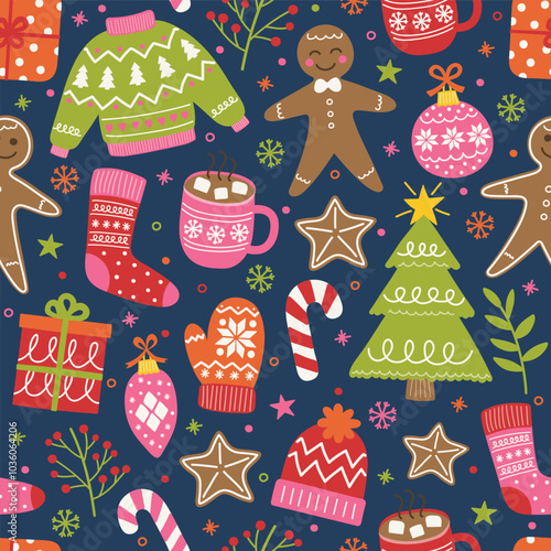 Christmas background with colourful cute hand drawn decorations. Seamless pattern design. Vector illustration