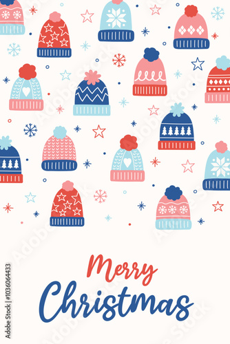 Colourful Christmas greeting card with cute winter hats. Poster with festive decoration. Vector illustration