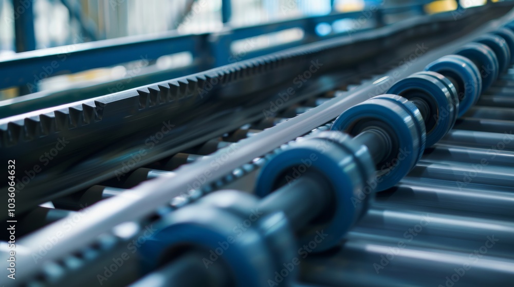 A detailed look at a conveyor belt's rollers and belts, with material textures and movement, Industrial setting with mechanical precision A detailed look at a conveyor belt's rollers and belts, with material textures and movement, Industrial setting with mechanical precision