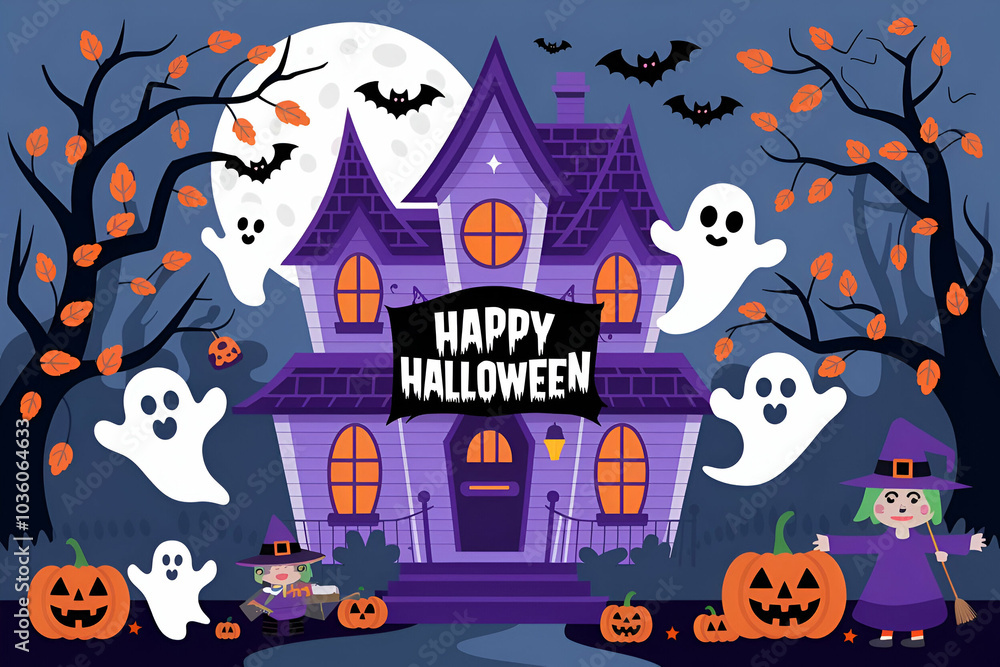 A colorful Halloween scene featuring a spooky purple house, ghosts, pumpkins, a witch, and bats under a full moon. A colorful Halloween scene featuring a spooky purple house, ghosts, pumpkins, a witch, and bats under a full moon.