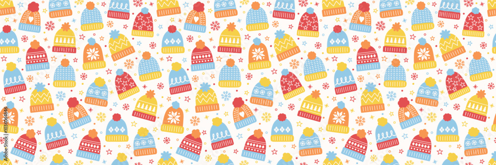 Cute hand drawn winter hat background. Design of a Christmas seamless pattern. Banner. Vector illustration Cute hand drawn winter hat background. Design of a Christmas seamless pattern. Banner. Vector illustration