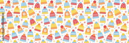 Cute hand drawn winter hat background. Design of a Christmas seamless pattern. Banner. Vector illustration