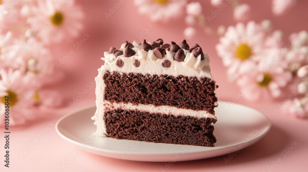 Piece of chocolate cake with vanilla cream and chocolate chips on pink background with flowers. Tasty dessert on a plate Piece of chocolate cake with vanilla cream and chocolate chips on pink background with flowers. Tasty dessert on a plate
