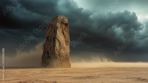 Monolith Emerges: A Striking Desert Scene with Dust Storm and Dramatic Sky, Captured in Medium Format - A National Geographic Inspired Masterpiece.