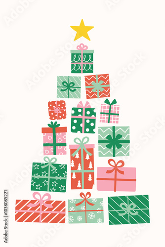 Christmas background with cute hand drawn tree made of gift boxes. Vector illustration