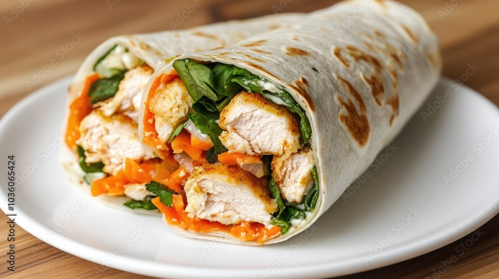 Delicious crispy classic chicken wrap with vegetables on white plate. Fried chicken tortilla wrap with tomato sauce Delicious crispy classic chicken wrap with vegetables on white plate. Fried chicken tortilla wrap with tomato sauce