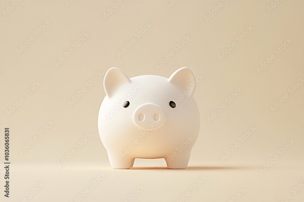 White piggy bank standing on a pastel background, representing the concept of saving money, financial planning, and achieving financial goals White piggy bank standing on a pastel background, representing the concept of saving money, financial planning, and achieving financial goals