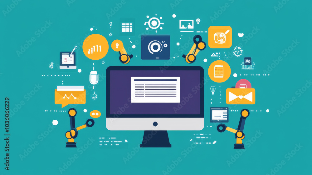 A computer with robot arms moving around icons representing digital marketing tasks: newsletters, social media, client management, ads, search optimization, and growth. A computer with robot arms moving around icons representing digital marketing tasks: newsletters, social media, client management, ads, search optimization, and growth.