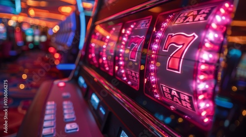 7777 Slot Machine With Fruit Icons. Online Gambling Concept With Neon Lights