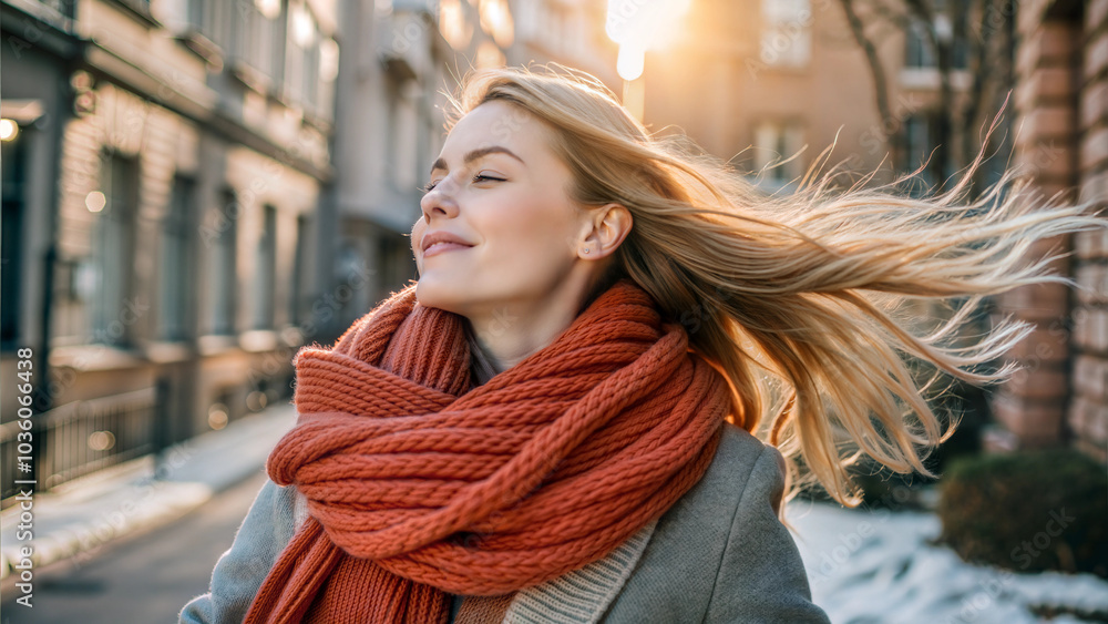 Woman with red scarf enjoying the wind on a city street during winter sunset Woman with red scarf enjoying the wind on a city street during winter sunset