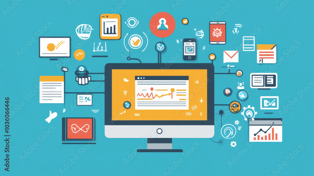 A computer with robot arms moving around icons representing digital marketing tasks: newsletters, social media, client management, ads, search optimization, and growth.