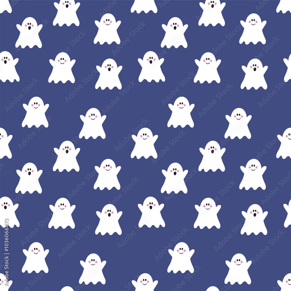 Obraz premium Cute Halloween background with hand drawn ghosts. Seamless pattern. Vector illustration