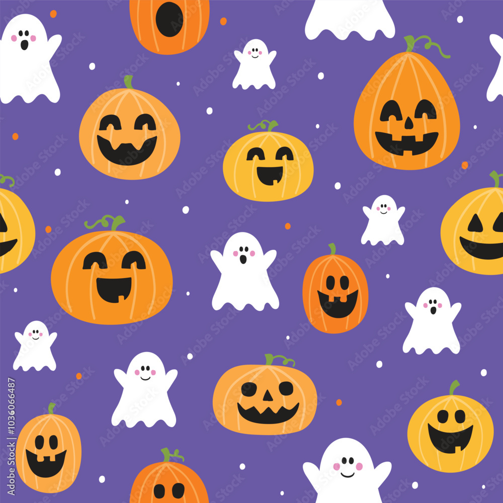 Halloween background. Seamless texture with cute pumpkins and ghosts. Vector illustration Halloween background. Seamless texture with cute pumpkins and ghosts. Vector illustration