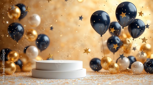 White podium with gold and navy blue balloons and stars, creating a celebratory atmosphere for product display. Soft gold background with blurred effect for added depth