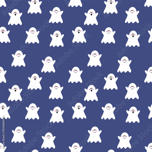 Cute Halloween background with hand drawn ghosts. Seamless pattern. Vector illustration