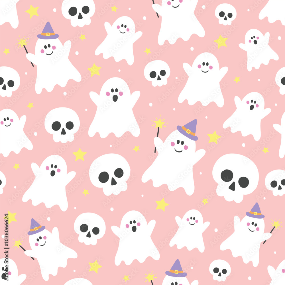Seamless pattern with hand drawn ghosts and skulls. Halloween background. Vector illustration Seamless pattern with hand drawn ghosts and skulls. Halloween background. Vector illustration