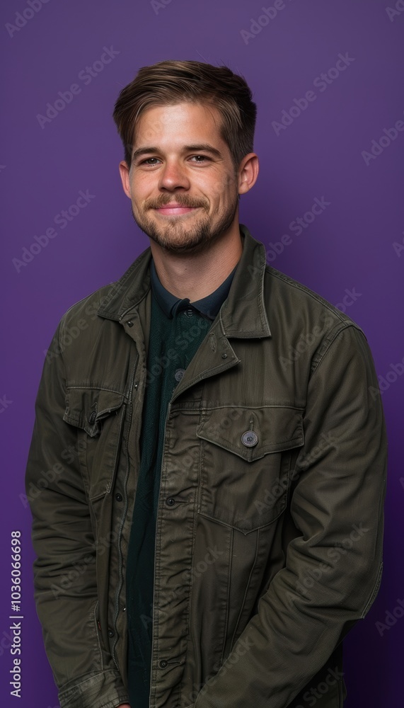 Smiling Young Man in Green Jacket Against Deep Purple Background for Professional Portrait Smiling Young Man in Green Jacket Against Deep Purple Background for Professional Portrait