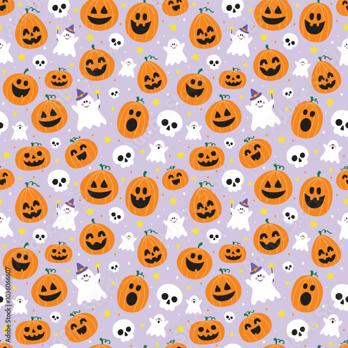 Halloween background. Seamless texture with cute pumpkins, ghosts and skulls. Vector illustration