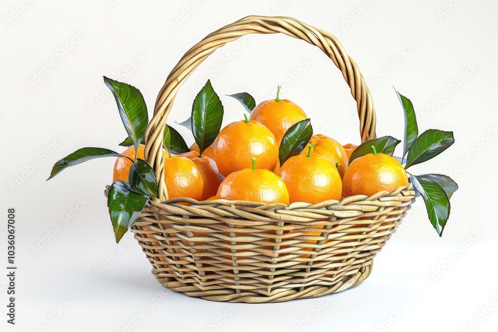 Tangerines in basket with leaves on white background. Tangerines in basket with leaves on white background.