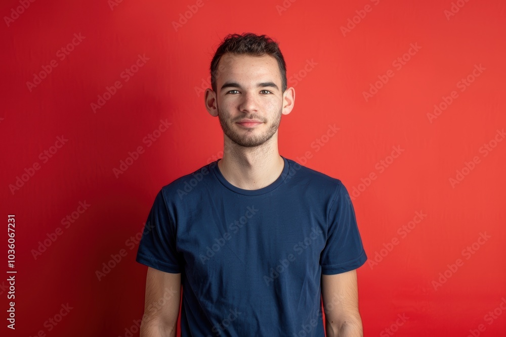 Friendly Young Man in Casual Blue T-Shirt Against Vibrant Red Background for Portrait Design Friendly Young Man in Casual Blue T-Shirt Against Vibrant Red Background for Portrait Design