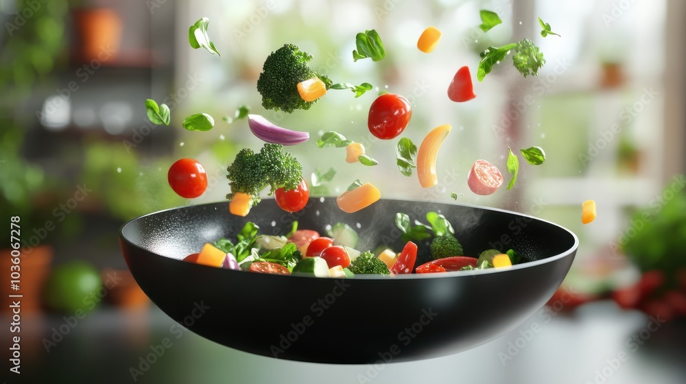 Vegetables fall into a black frying pan on a transparent background. Healthy food concept Vegetables fall into a black frying pan on a transparent background. Healthy food concept
