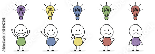 Funny stickmen with bulb - idea symbol. Collection of icons. Vector