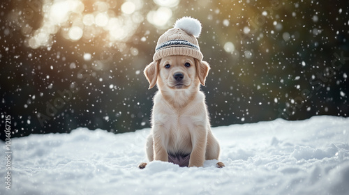 Cute puppy wearing a winter hat sitting in the snow