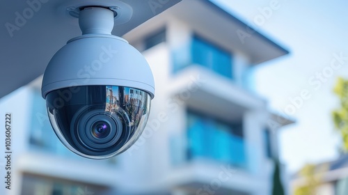 Modern security camera mounted on a building, ensuring safety and surveillance, with a blurred background of an urban setting.