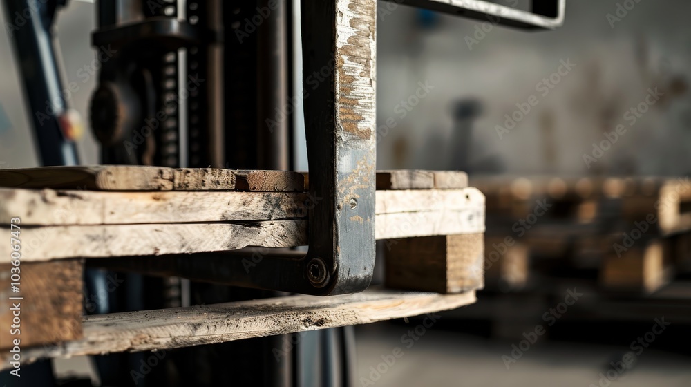 A detailed look at a forklift's forks lifting a wooden pallet, with grains of the wood visible, Industrial setting with sharp details A detailed look at a forklift's forks lifting a wooden pallet, with grains of the wood visible, Industrial setting with sharp details