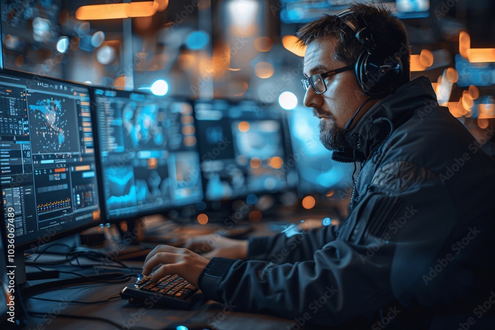 The data analyst intensely focuses on several glowing screens filled with charts and graphics, working late at night The data analyst intensely focuses on several glowing screens filled with charts and graphics, working late at night