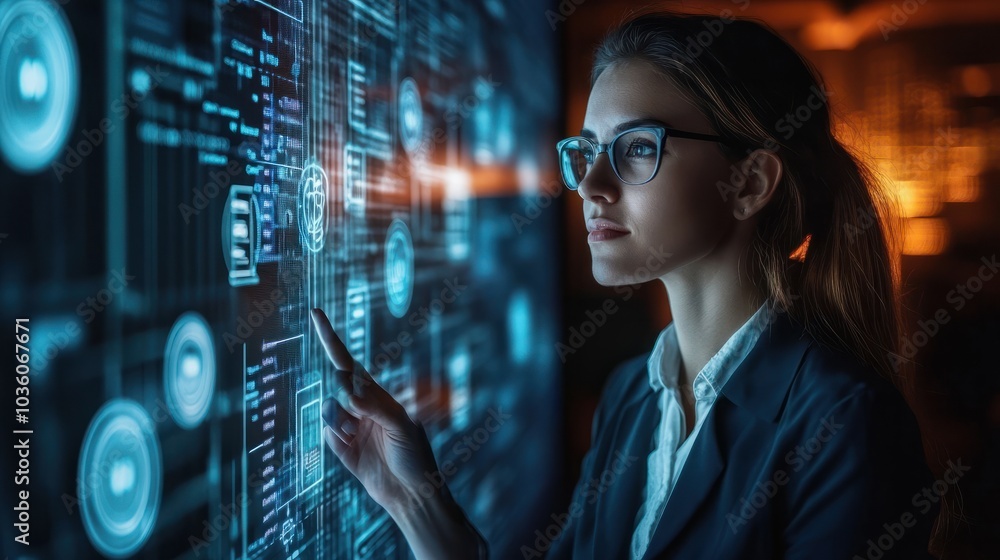 Young woman working with programmatic advertising platform and big data Young woman working with programmatic advertising platform and big data