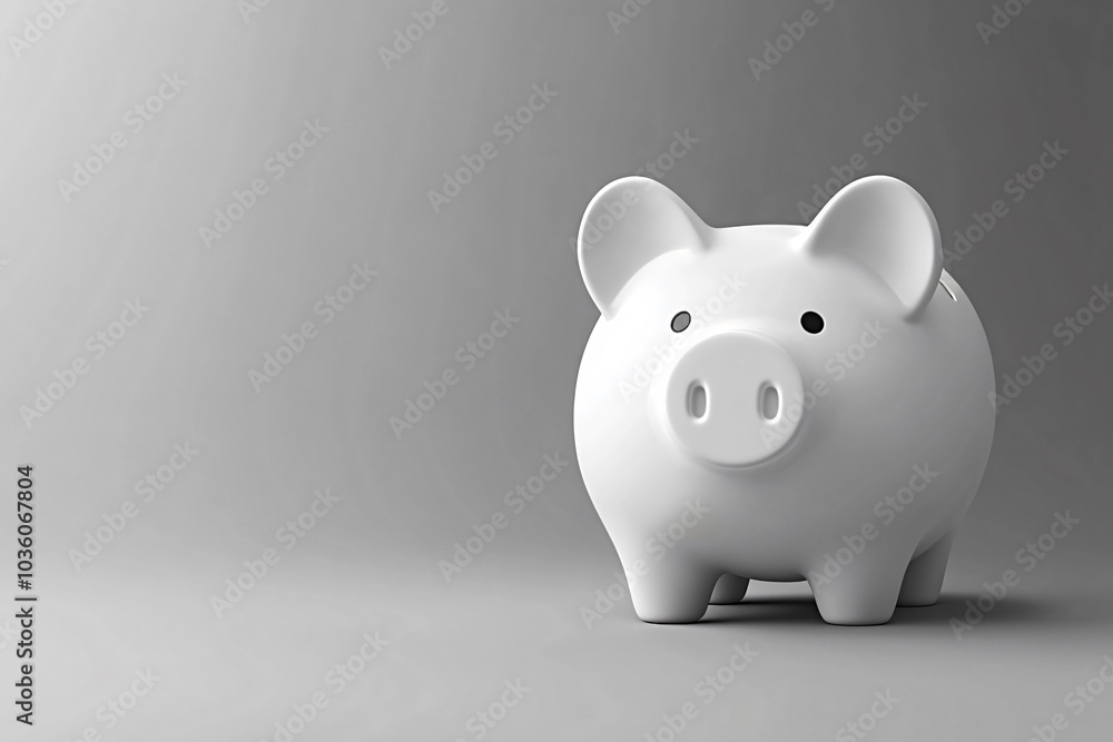 Classic white piggy bank standing on a gray background, representing saving money, personal finance, and economic concepts, copy space Classic white piggy bank standing on a gray background, representing saving money, personal finance, and economic concepts, copy space