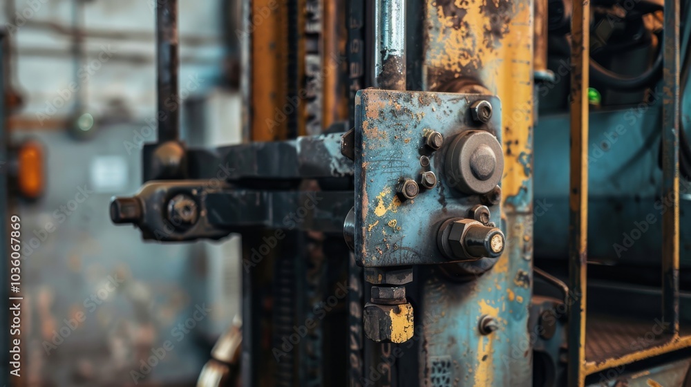 A detailed look at a forklift's hydraulic lift and control levers, with textures of metal and rubber grips, Industrial setting with precise engineering A detailed look at a forklift's hydraulic lift and control levers, with textures of metal and rubber grips, Industrial setting with precise engineering