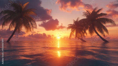 A beautiful sunset over the ocean with palm trees in the background