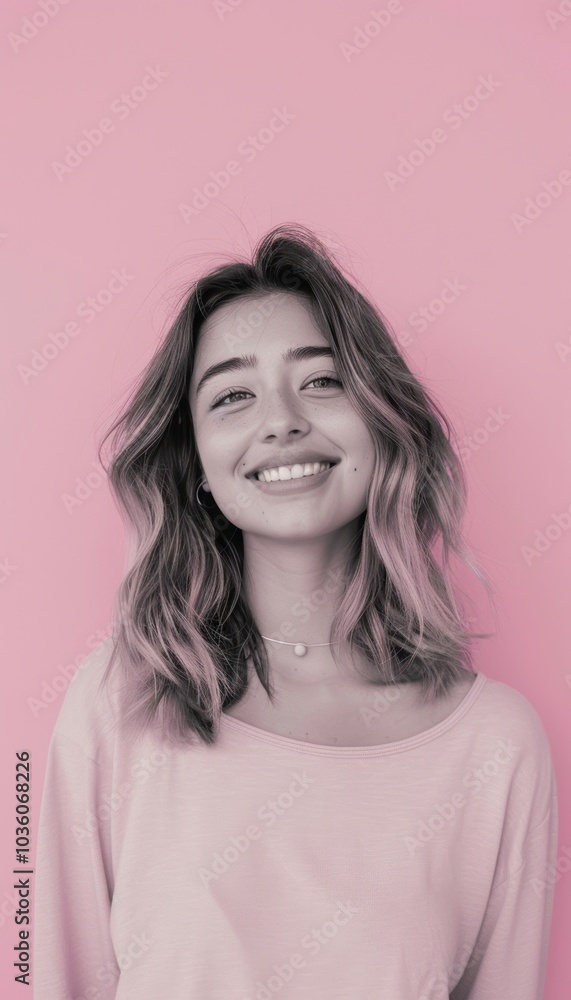 Joyful Young Woman Smiling Against Pastel Pink Background for Lifestyle Designs Joyful Young Woman Smiling Against Pastel Pink Background for Lifestyle Designs
