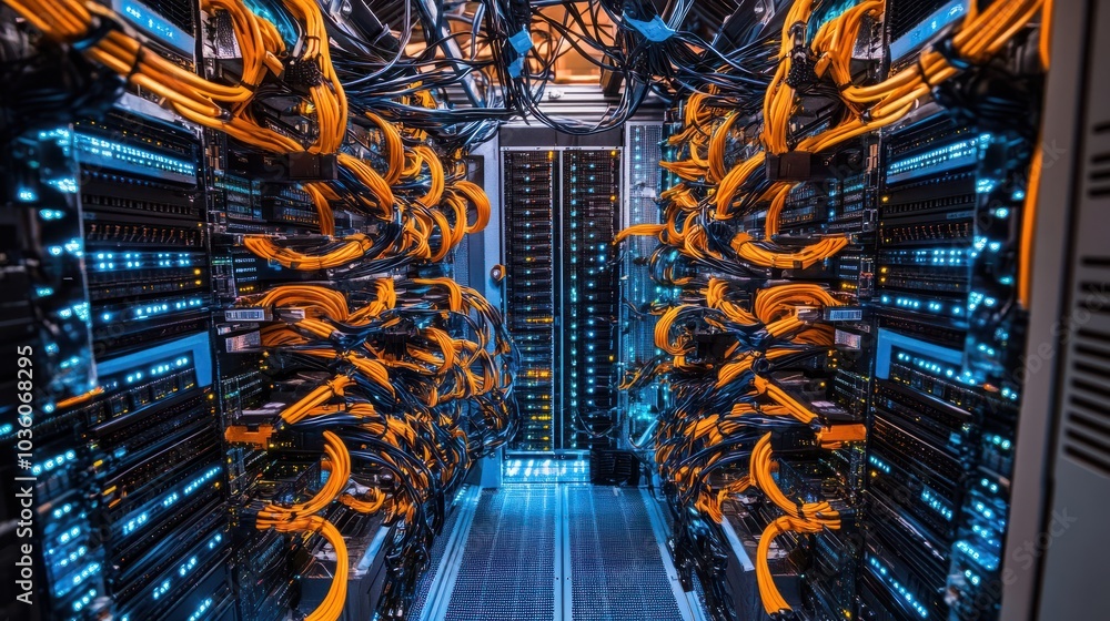 A detailed view of a contemporary data center server room with rows of ...
